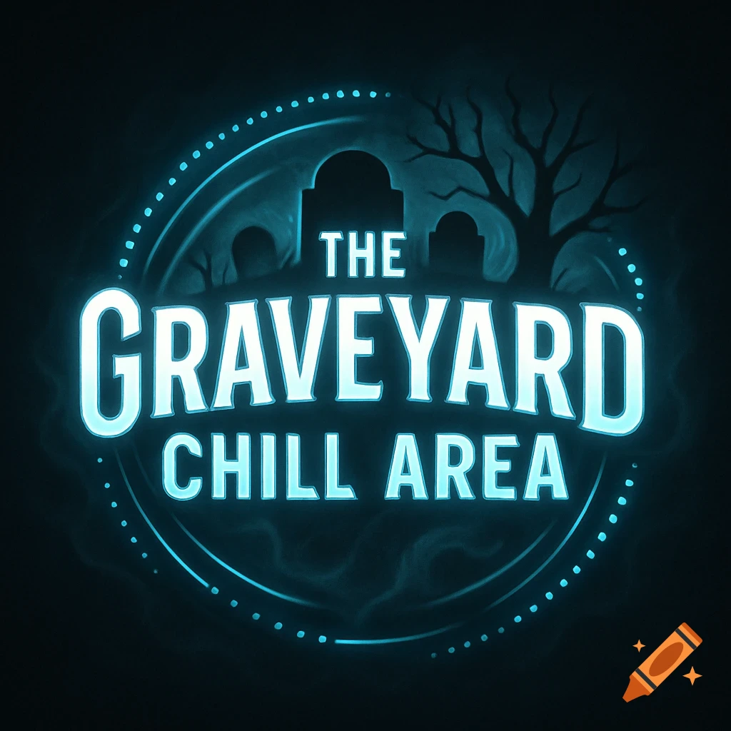 A neon blue logo for 'The Graveyard Chill Area' featuring tombstones and a barren tree against a dark background.