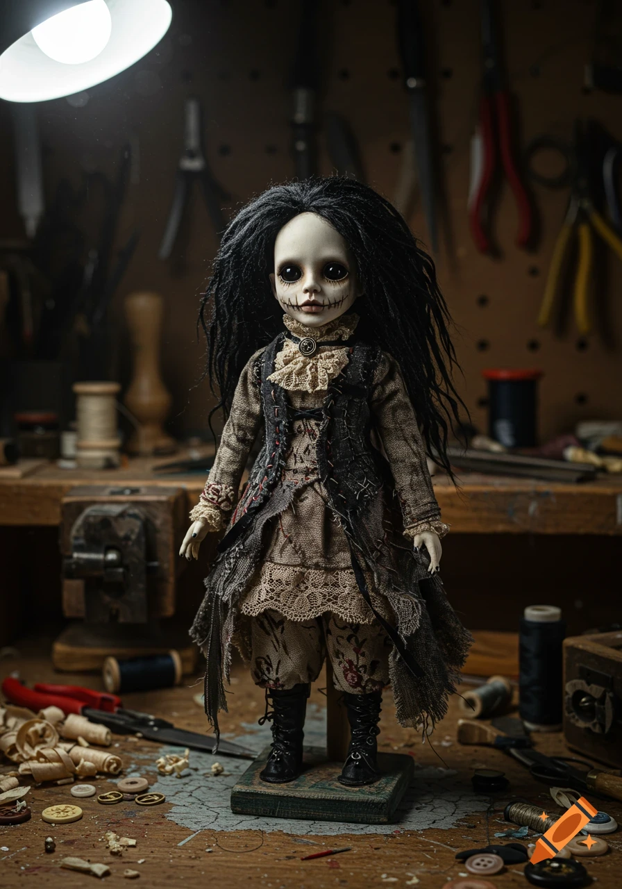A terrifying gothic doll with black hair and a stitched mouth, wearing ragged clothes, stands in a cluttered artisan's workshop.