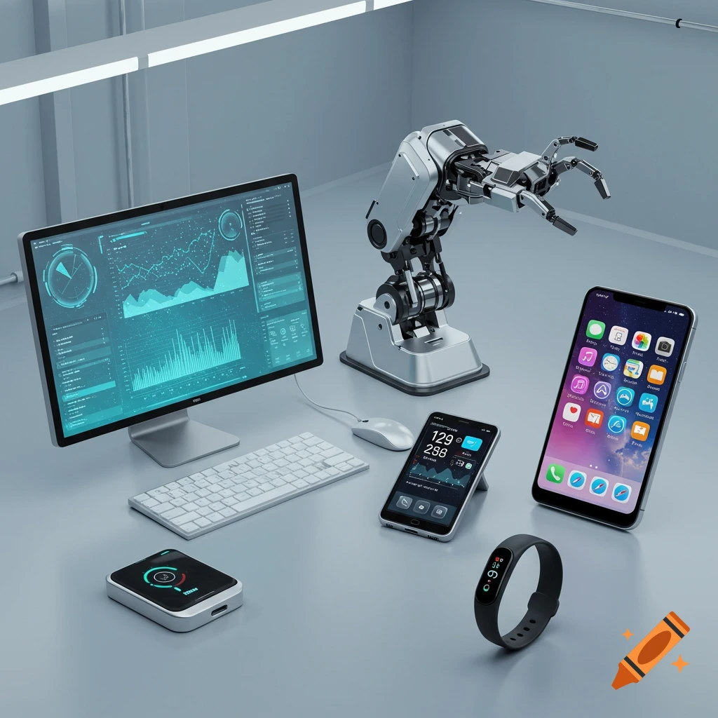 A computer with a data display, a robotic arm, two smartphones, and a fitness tracker on a gray surface.