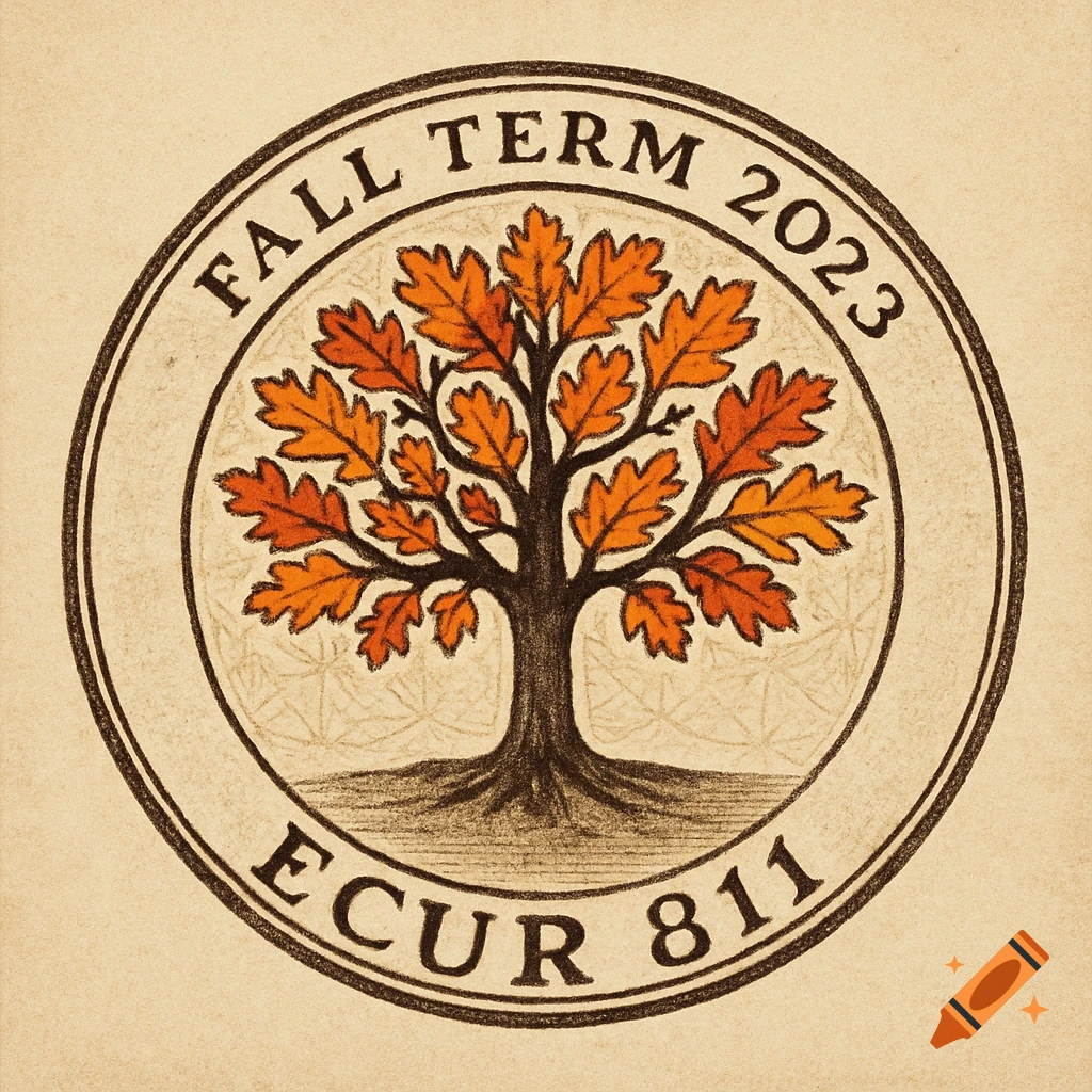 A circular stamp illustration with an autumnal tree with orange and red leaves, surrounded by the text 'FALL TERM 2023' and 'ECUR 811'.