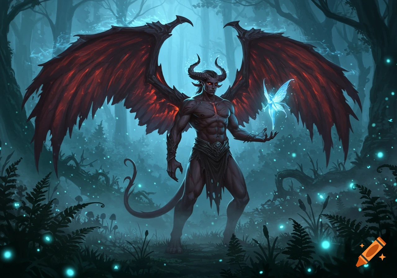 A muscular, winged demon with horns and a tail stands in a mystical forest, holding a glowing blue fairy.