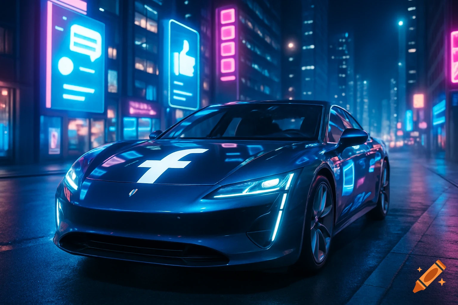 A sleek blue car with a white Facebook logo on the hood, illuminated by neon lights in a futuristic city at night.