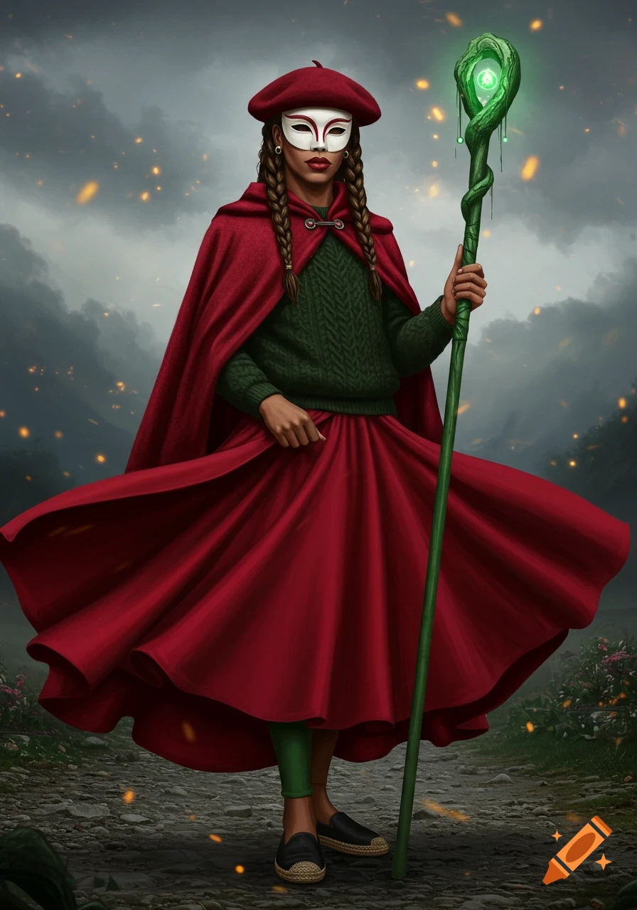 A figure in a red cape and skirt, green sweater, and white mask holds a glowing green staff on a path.