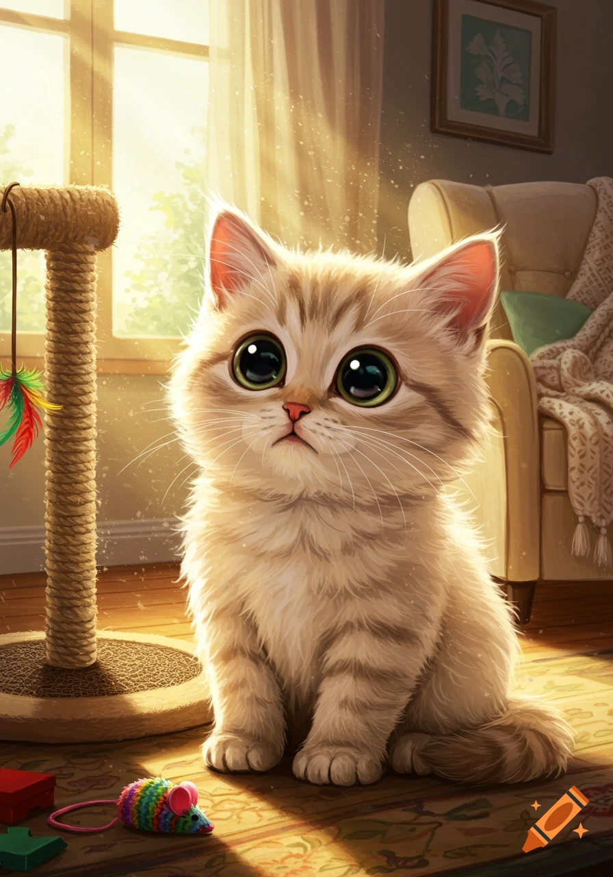 A fluffy, wide-eyed kitten with striped fur sits on a patterned rug next to a scratching post, bathed in sunlight from a window.
