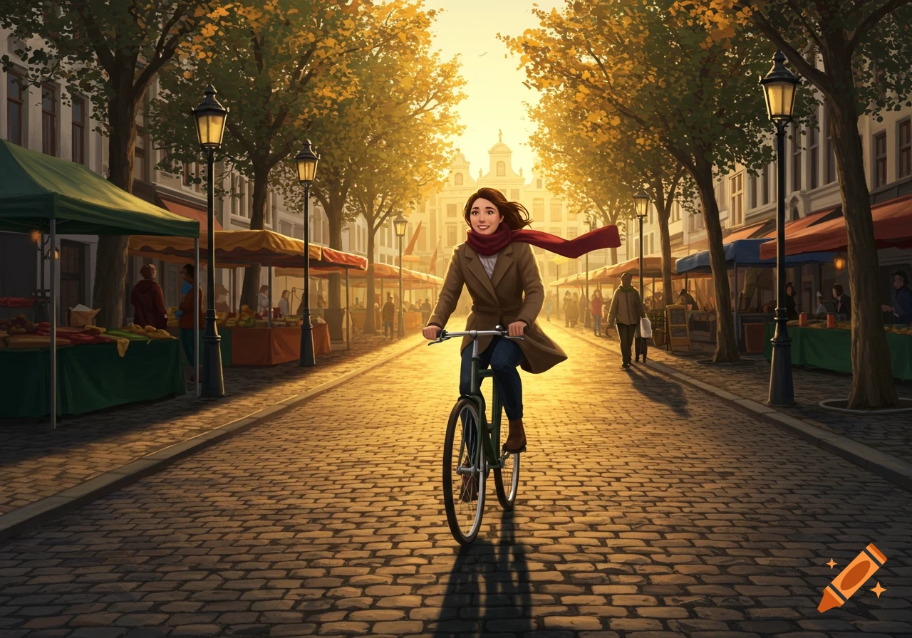 A woman on a bicycle rides down a cobblestone street lined with market stalls and autumn trees at sunset, in an illustrative style.