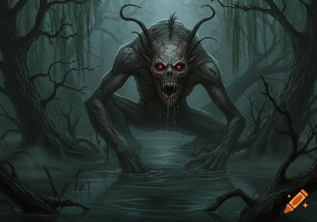 A horrifying creature with red glowing eyes and sharp teeth crouches in a dark, misty swamp, surrounded by gnarled trees.