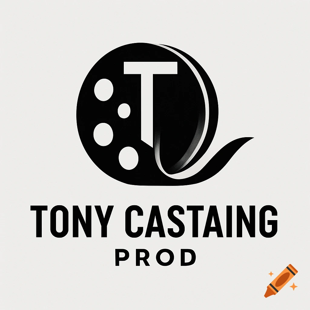 Modern black and white logo for Tony Castaing Prod, featuring a stylized film reel with a prominent 'T' and the company name.