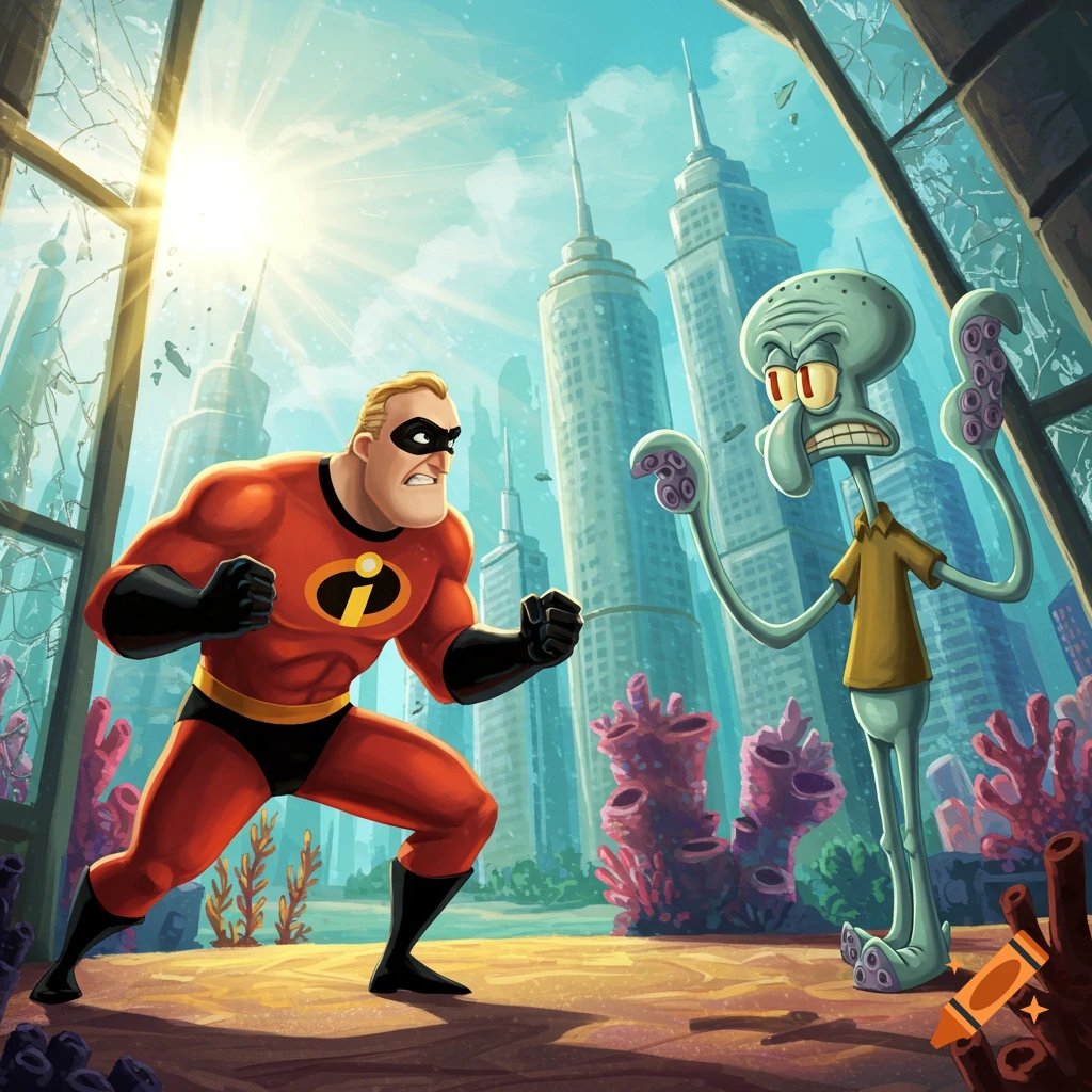 Mr. Incredible in a fighting stance facing Squidward in an underwater city with skyscrapers and coral, cartoon style.