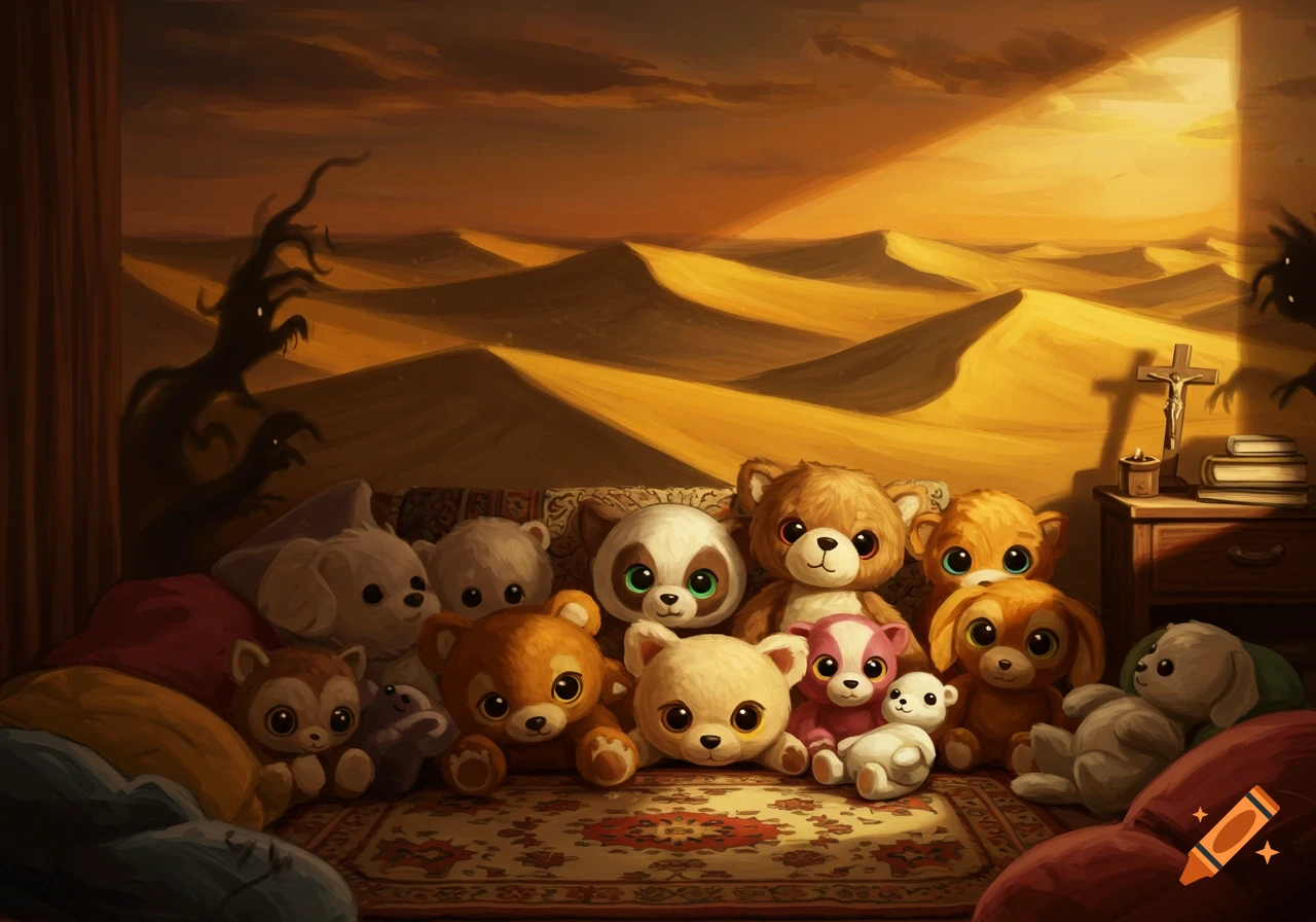 A painting of a group of cute stuffed animals sitting on a rug indoors, with a desert at sunset and ominous shadowy figures visible in the background, next to a crucifix.