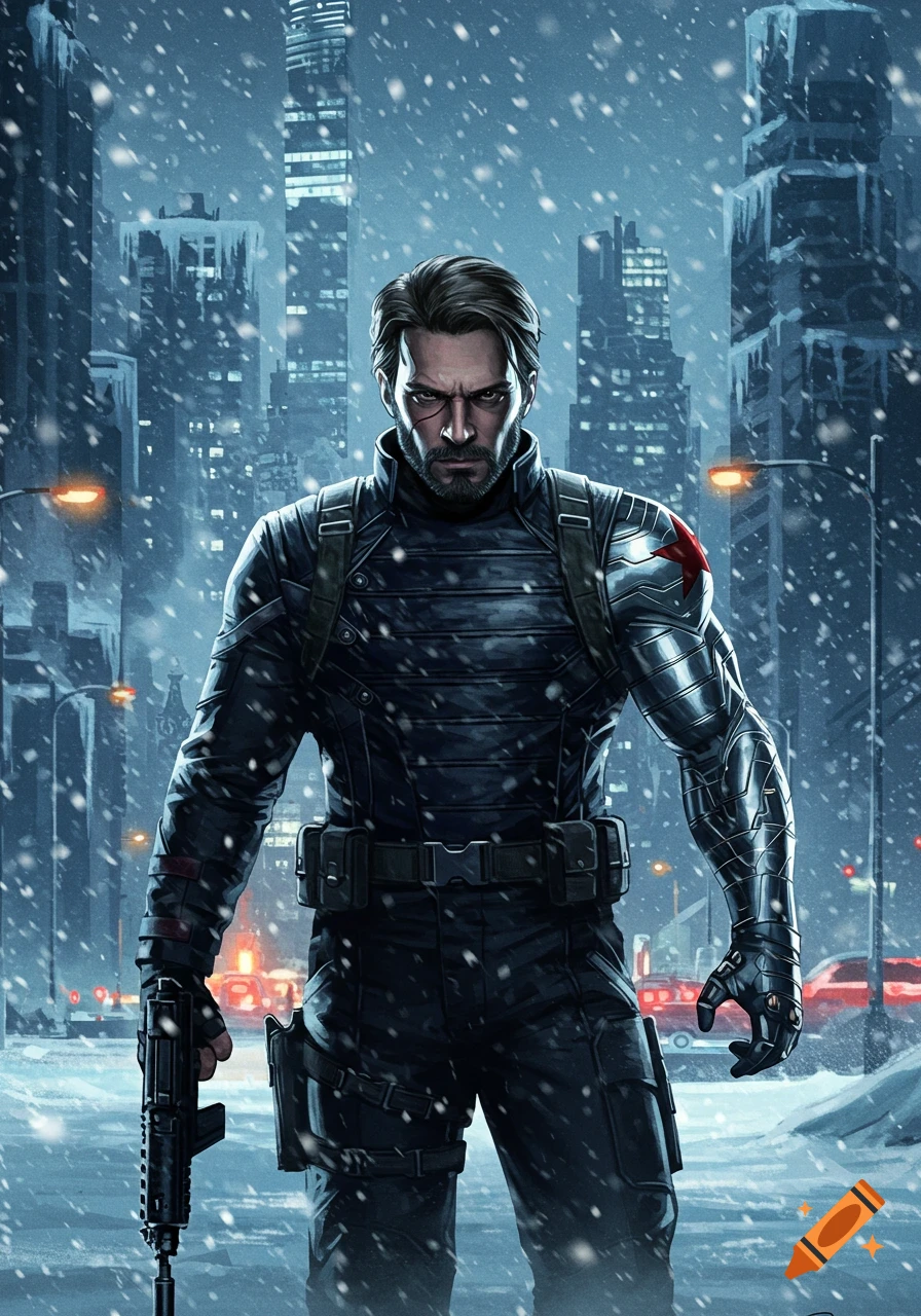 A detailed illustration of the Winter Soldier with a metal arm and a rifle, standing in a snowy city at night.
