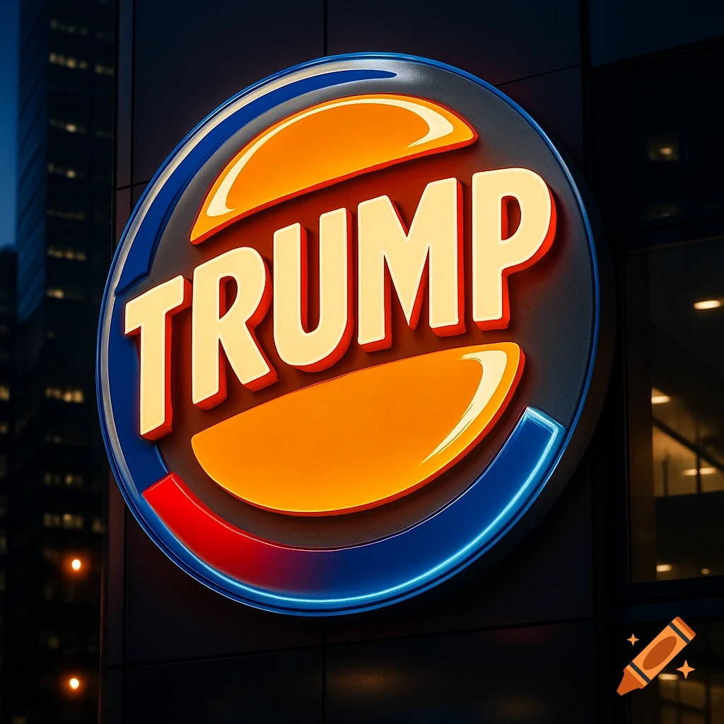 A glowing circular sign resembling the Burger King logo with the word 'TRUMP' in the center, mounted on a dark building at night.