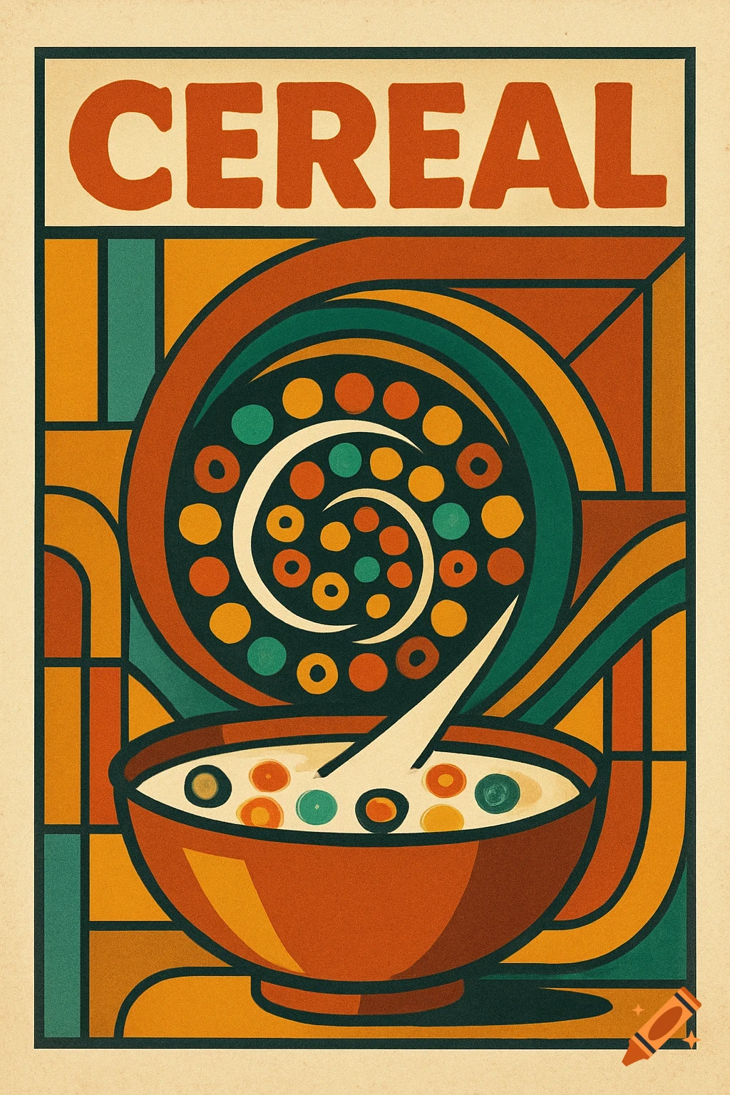 A retro-style poster of a cereal box front with geometric shapes, showing a bowl of cereal with milk and a spoon.
