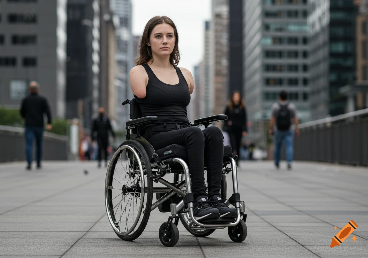 A young woman without arms sits in a wheelchair on a city sidewalk with buildings and people in the blurred background.