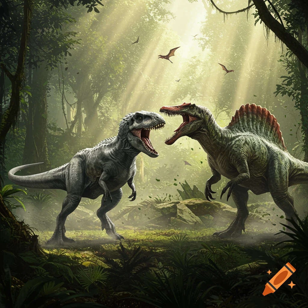 Two fierce dinosaurs, one gray and one green with a red fin, roar at each other in a vibrant, sunlit jungle.
