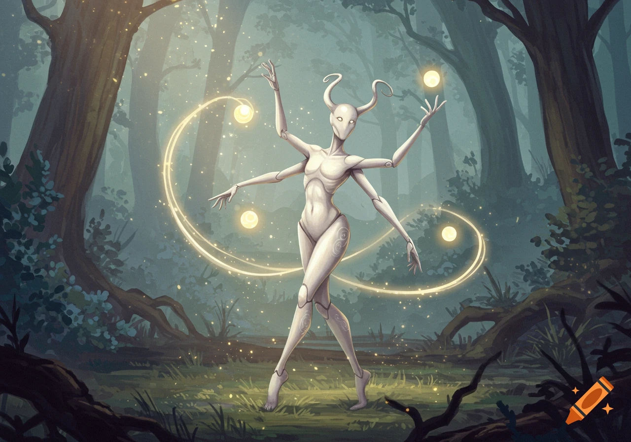 A pale, multi-armed, horned creature gracefully poses amidst glowing orbs and light trails in a mystical forest, digital painting.