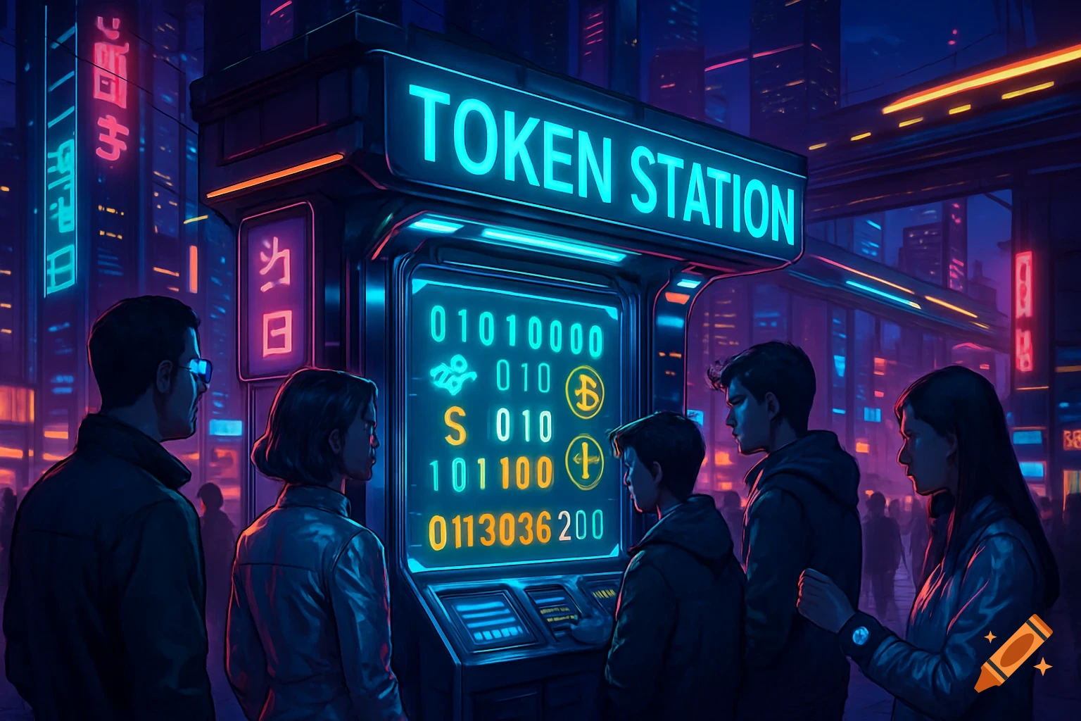People gather around a glowing 'TOKEN STATION' kiosk in a neon-lit, futuristic cyberpunk city at night.