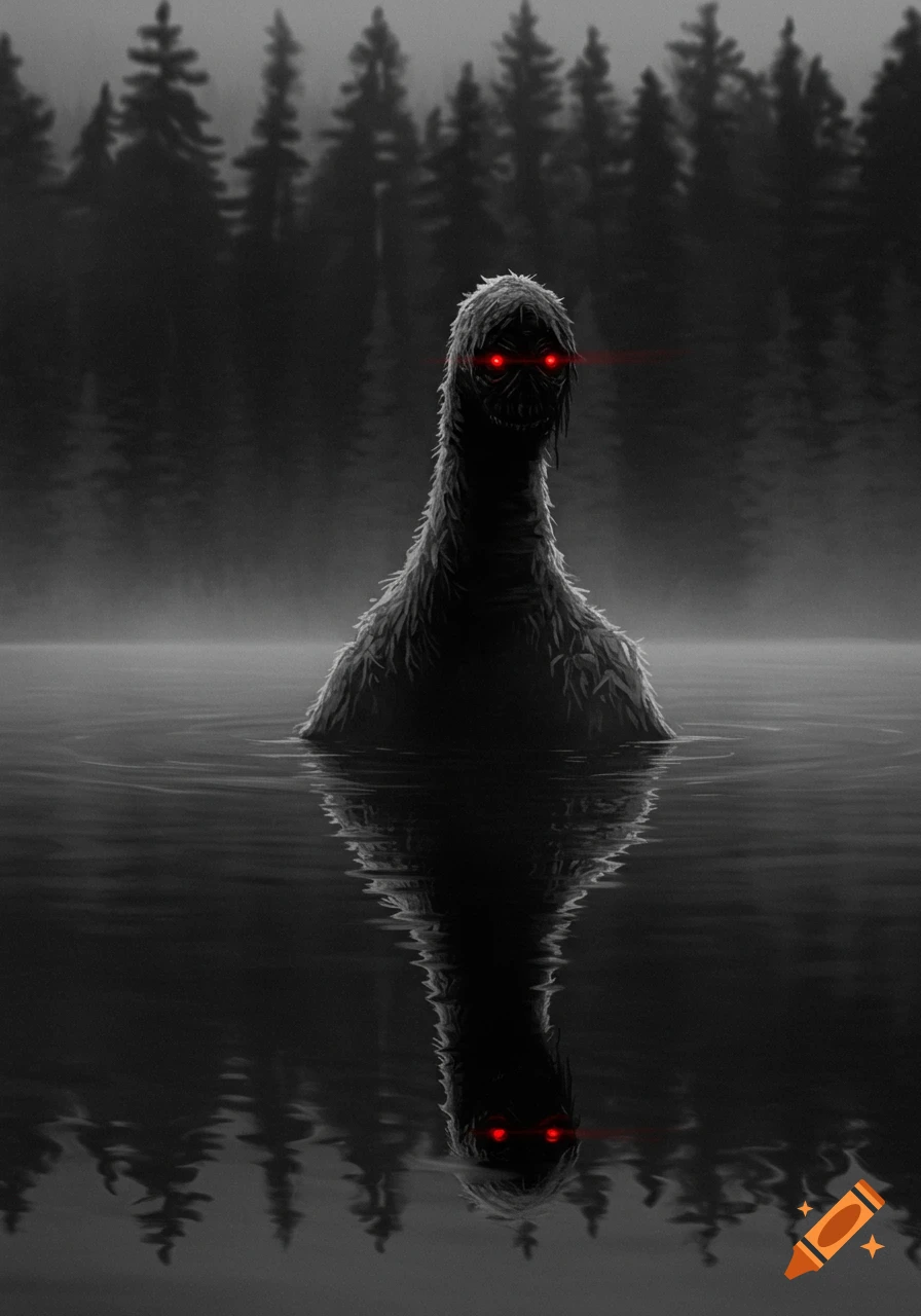 A black and white image of a mysterious, shaggy swamp monster with glowing red eyes emerging from a foggy lake, with a dense forest in the background. Its reflection is visible in the water.