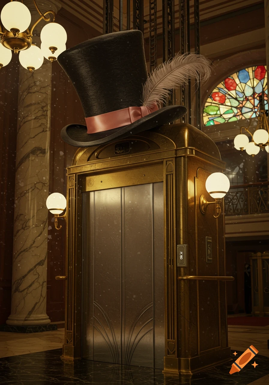 A whimsical top hat with a pink ribbon and feather rests atop a golden Art Deco elevator in a grand, marble-filled hall with a stained-glass window.