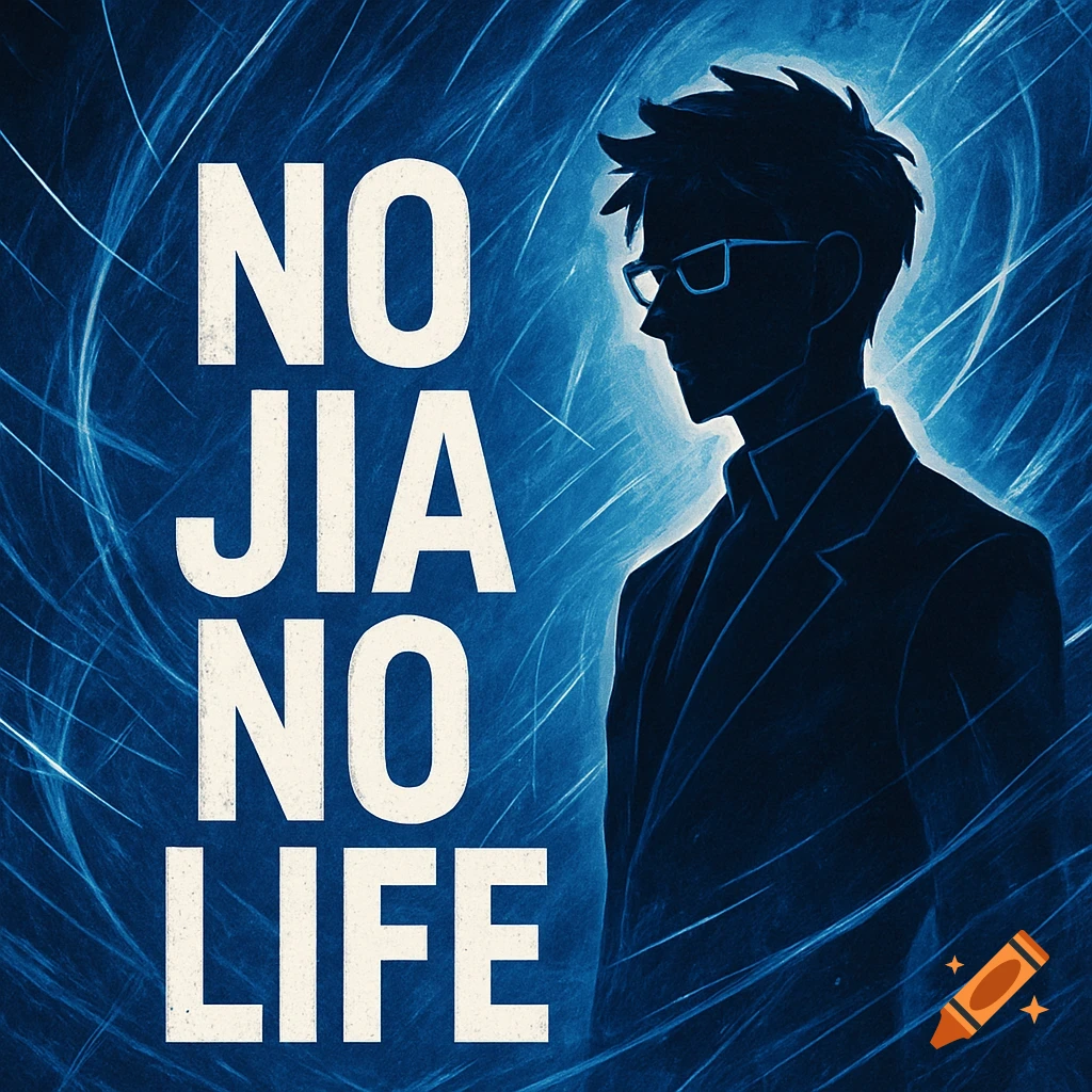 A stylized illustration featuring a dark blue background with abstract light lines. A silhouette of an intellectual man in glasses and a suit faces left, beside large white text reading "NO JIA NO LIFE" vertically.