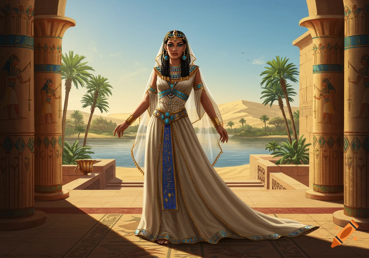 An Egyptian princess in an elaborate white and blue dress stands between two ornamented pillars, with a river and desert beyond.