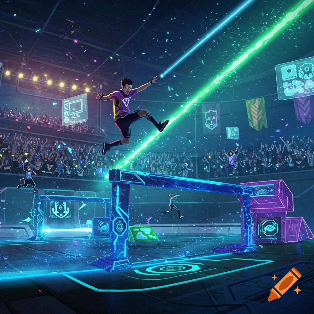 A vibrant, futuristic hurdle race in a neon-lit stadium, with an athlete leaping over a glowing blue hurdle as confetti falls.