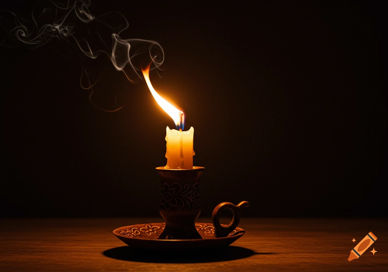 A photorealistic close-up of a lit candle in a decorative holder, with smoke curling from the flame against a dark background.