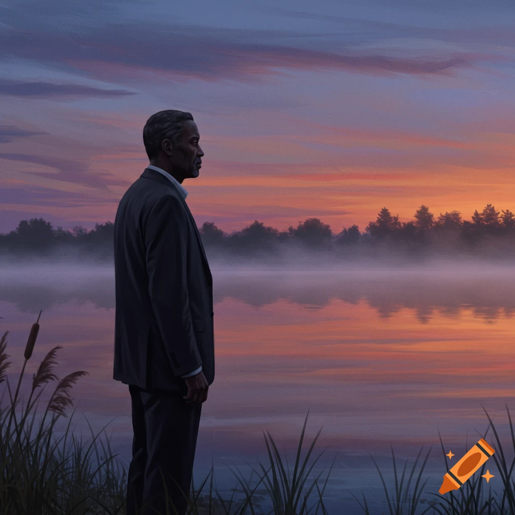 A man in a dark suit stands facing a misty lake at sunset, with a vibrant orange and purple sky and distant trees, in a painterly style.
