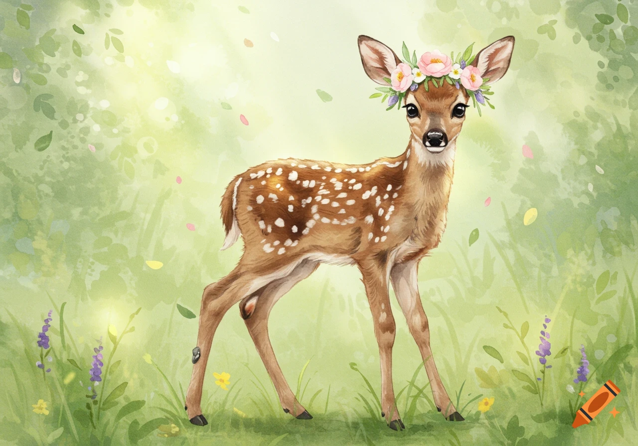 Watercolor illustration of a tiny deer fawn with a flower crown in a sunlit woodland clearing.