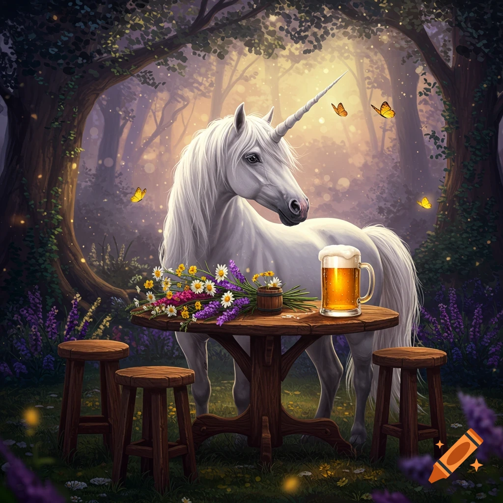 A white unicorn stands by a wooden table with a beer mug and wildflowers in a magical, glowing forest, digital art.