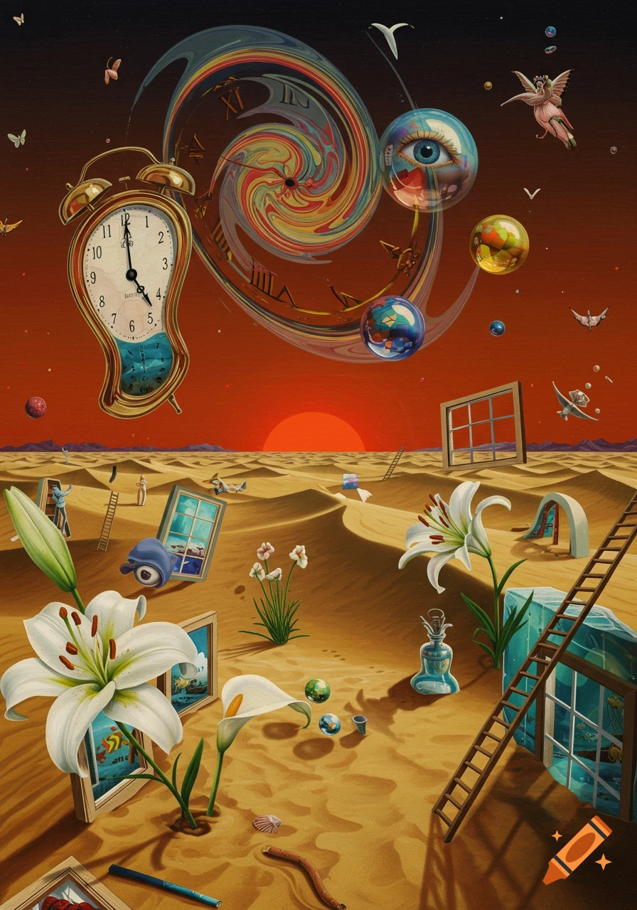 A surreal desert scene featuring a melting alarm clock, a colorful swirling vortex, an eyeball in a bubble, white lilies, and ladders under a red sky, in a painted style.