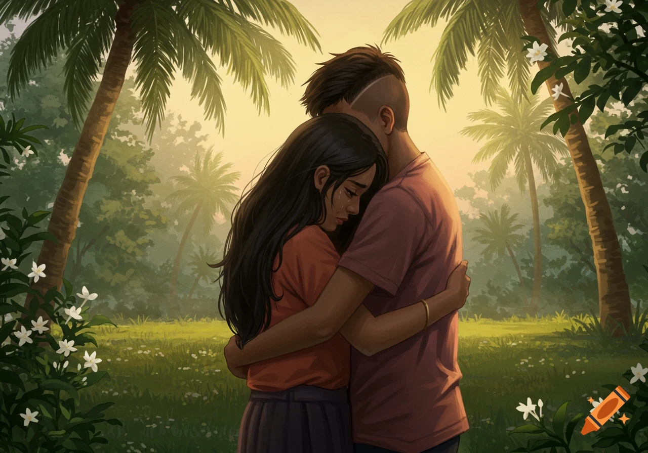 An illustration of two teenagers hugging sadly in a lush, tropical setting with palm trees and white flowers at sunset.