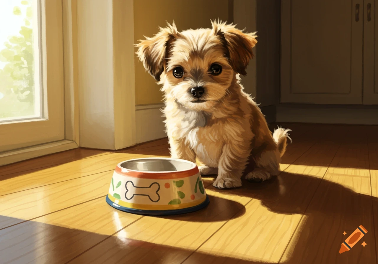 A fluffy brown and white puppy sits by an empty dog bowl on a sunlit wooden floor near a window, looking directly forward in a painterly style.