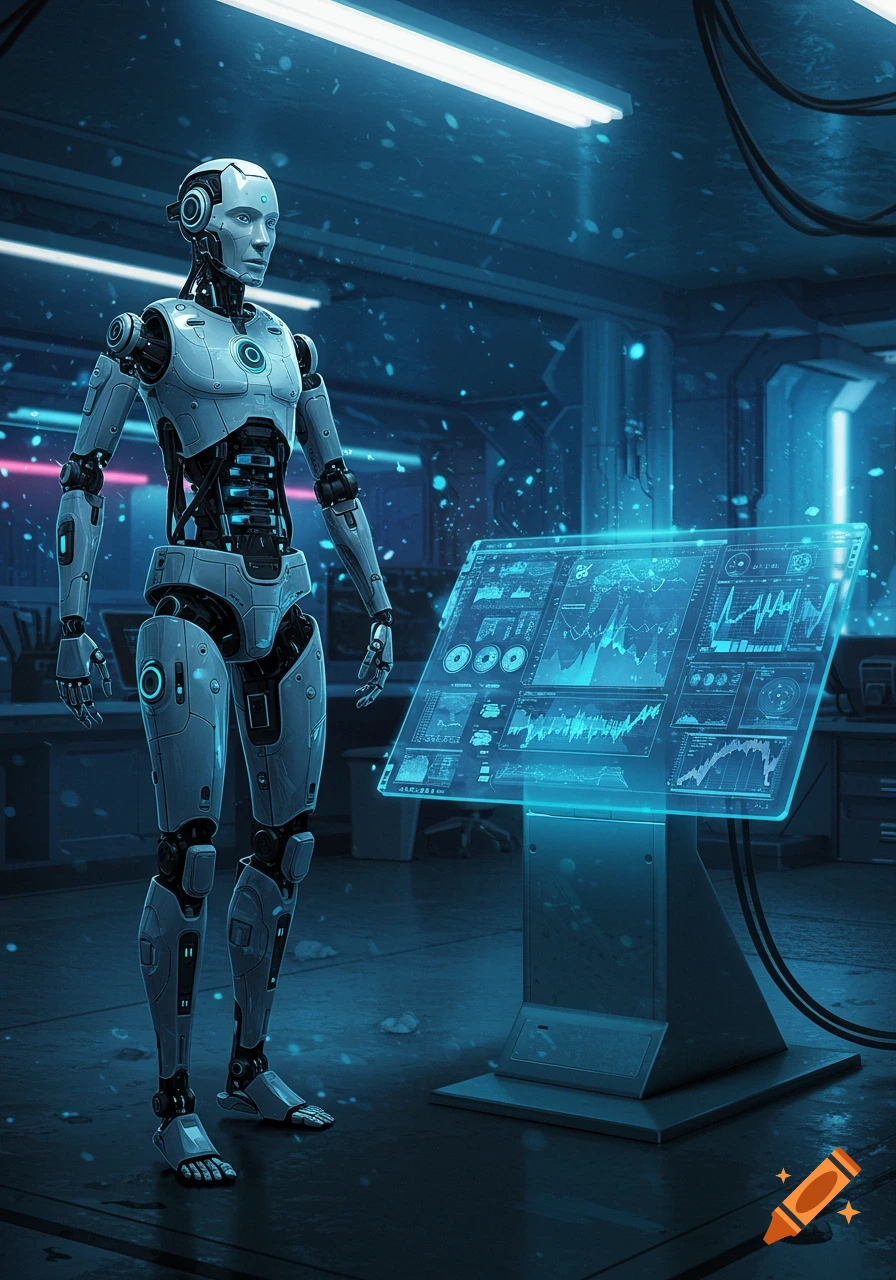 A humanoid robot stands next to a glowing blue holographic computer screen displaying data in a dark, futuristic lab. Photorealistic style.