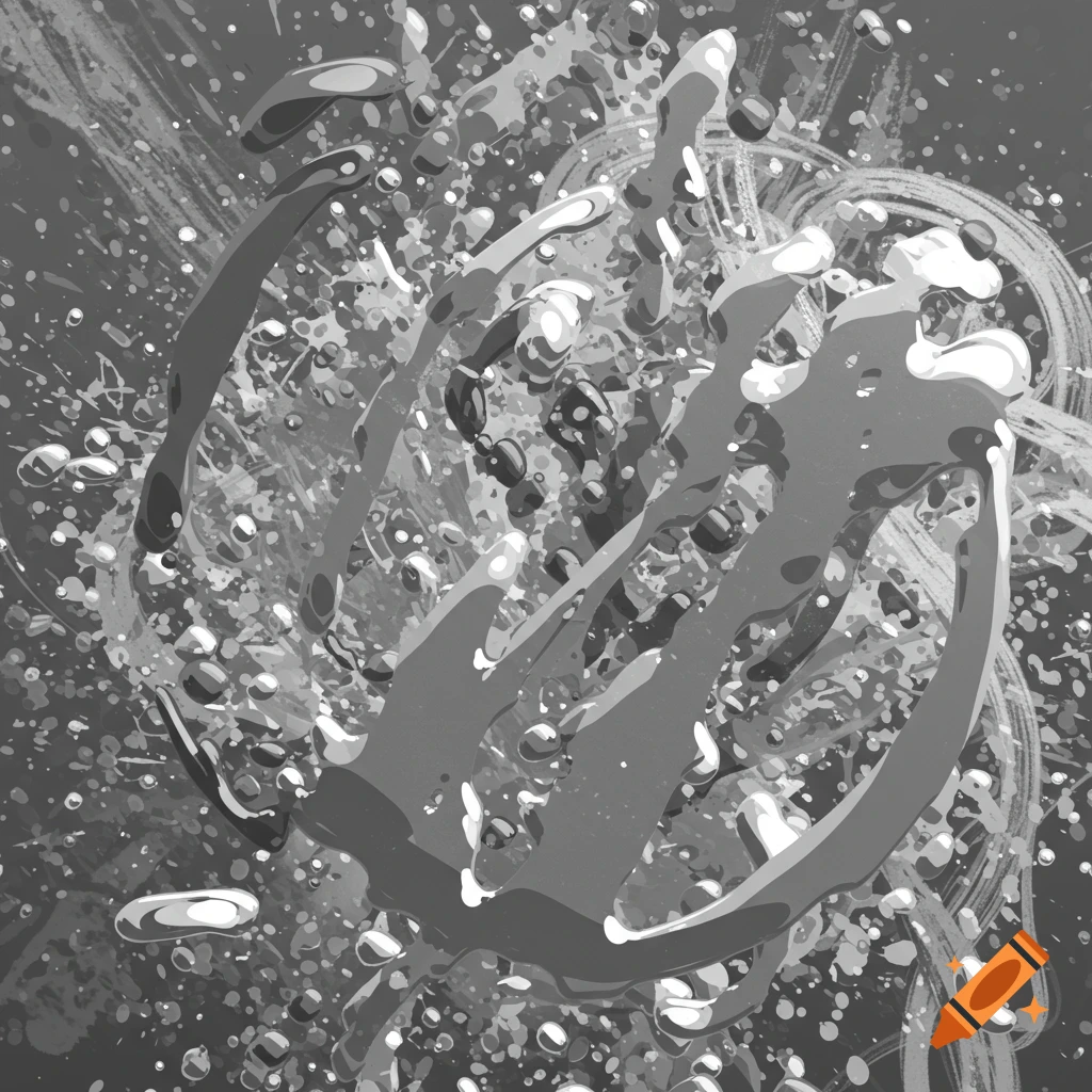 Abstract painting of grey, white, and black paint splatters with swirling shapes.