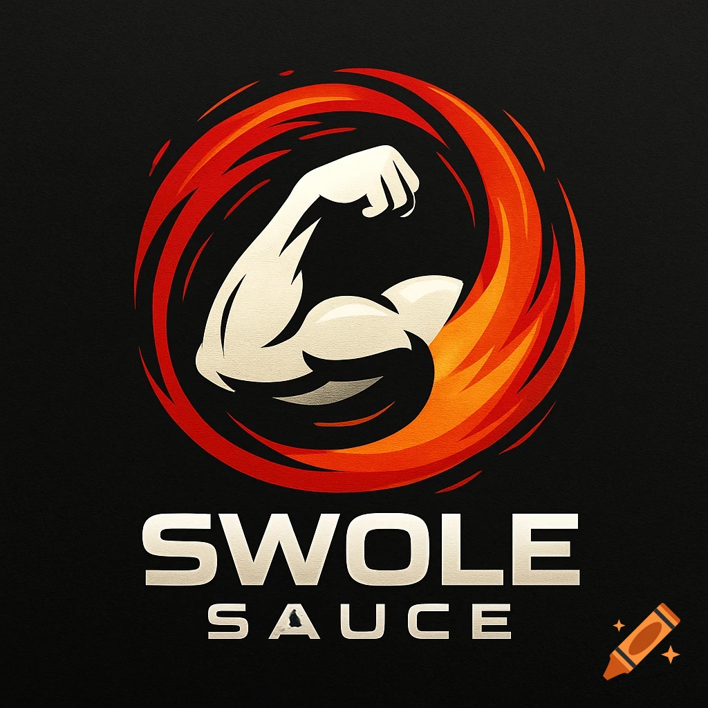 A logo for Swole Sauce featuring a flexing bicep in a fiery red and orange circular emblem on a black background.