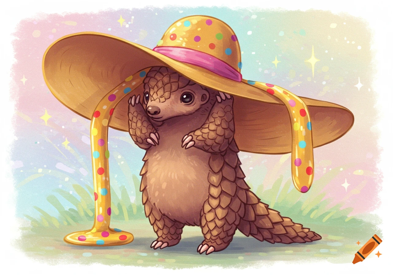 A cute cartoon pangolin stands holding up a ludicrously large, polka-dotted straw hat.