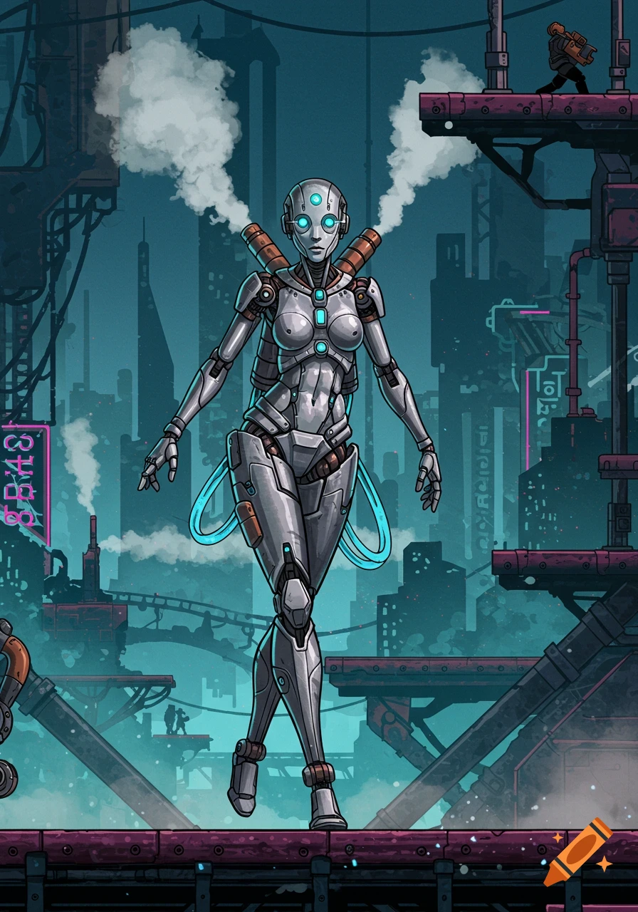 A stylized silver female robot with glowing eyes and steam stands in a dark cyberpunk city, rendered in 2D game art style.