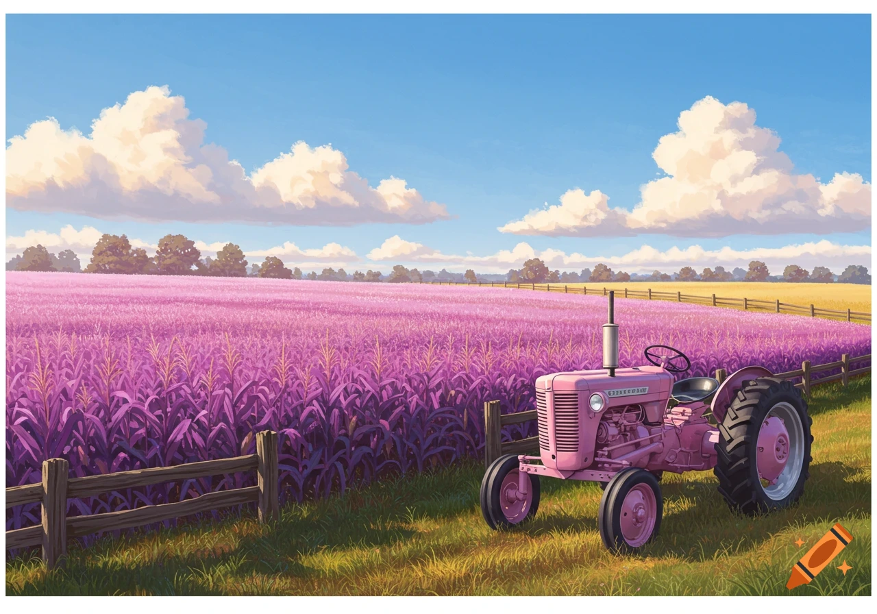A stylized illustration of a pink tractor parked in a vibrant purple cornfield under a bright blue sky with fluffy white clouds.