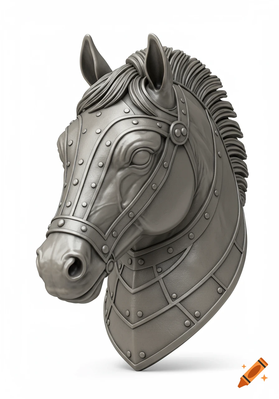 A metallic horse head bust, styled with armor plates and rivets, against a white background.