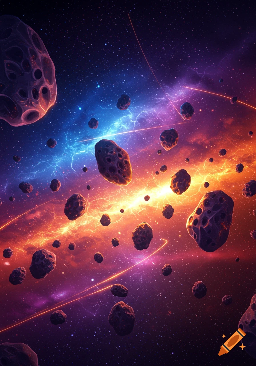 A vibrant cosmic scene with numerous textured asteroids floating in a nebula filled with orange, purple, and blue light.
