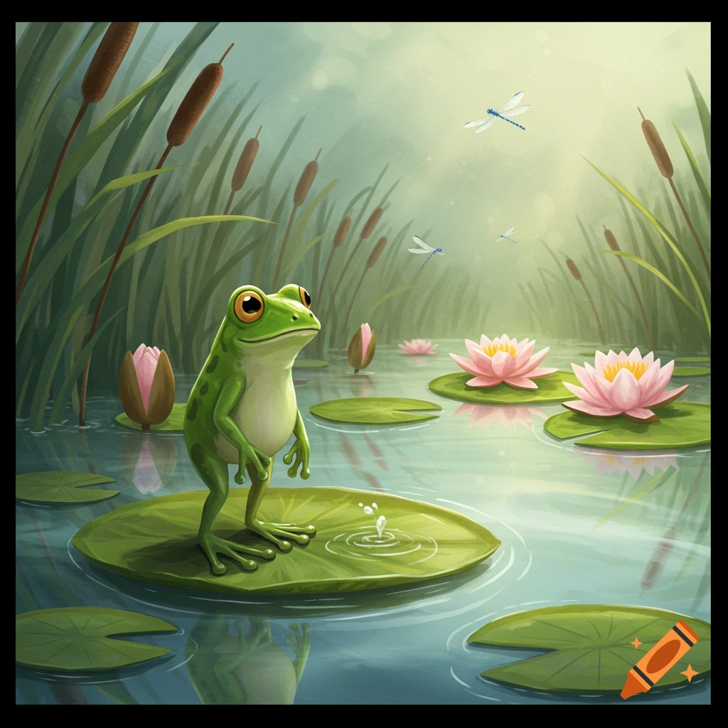 A whimsical illustration of a green frog standing on a lily pad in a pond with water lilies and dragonflies.