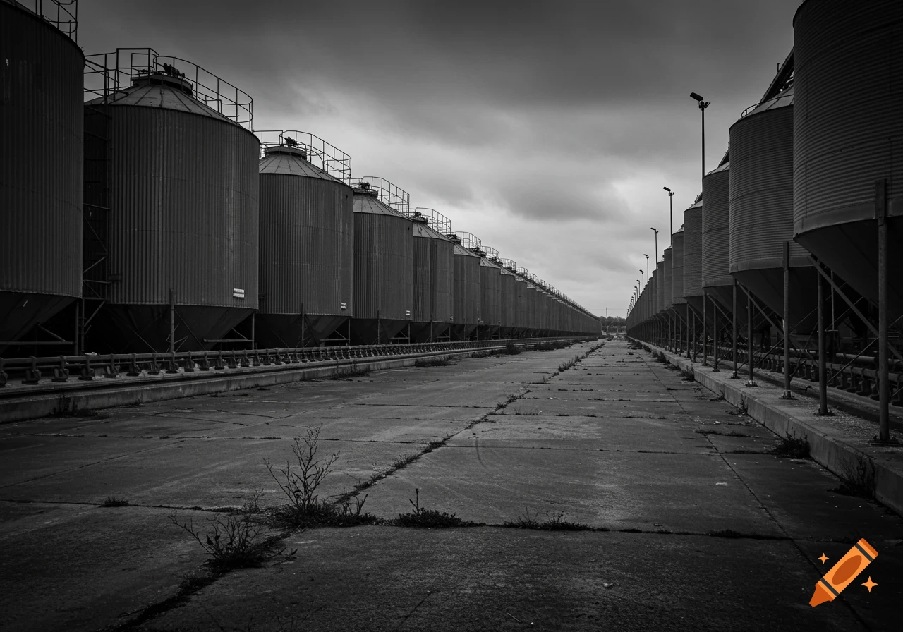 A gloomy black and white photo shows two long rows of industrial silos receding into the distance under a dark, cloudy sky.