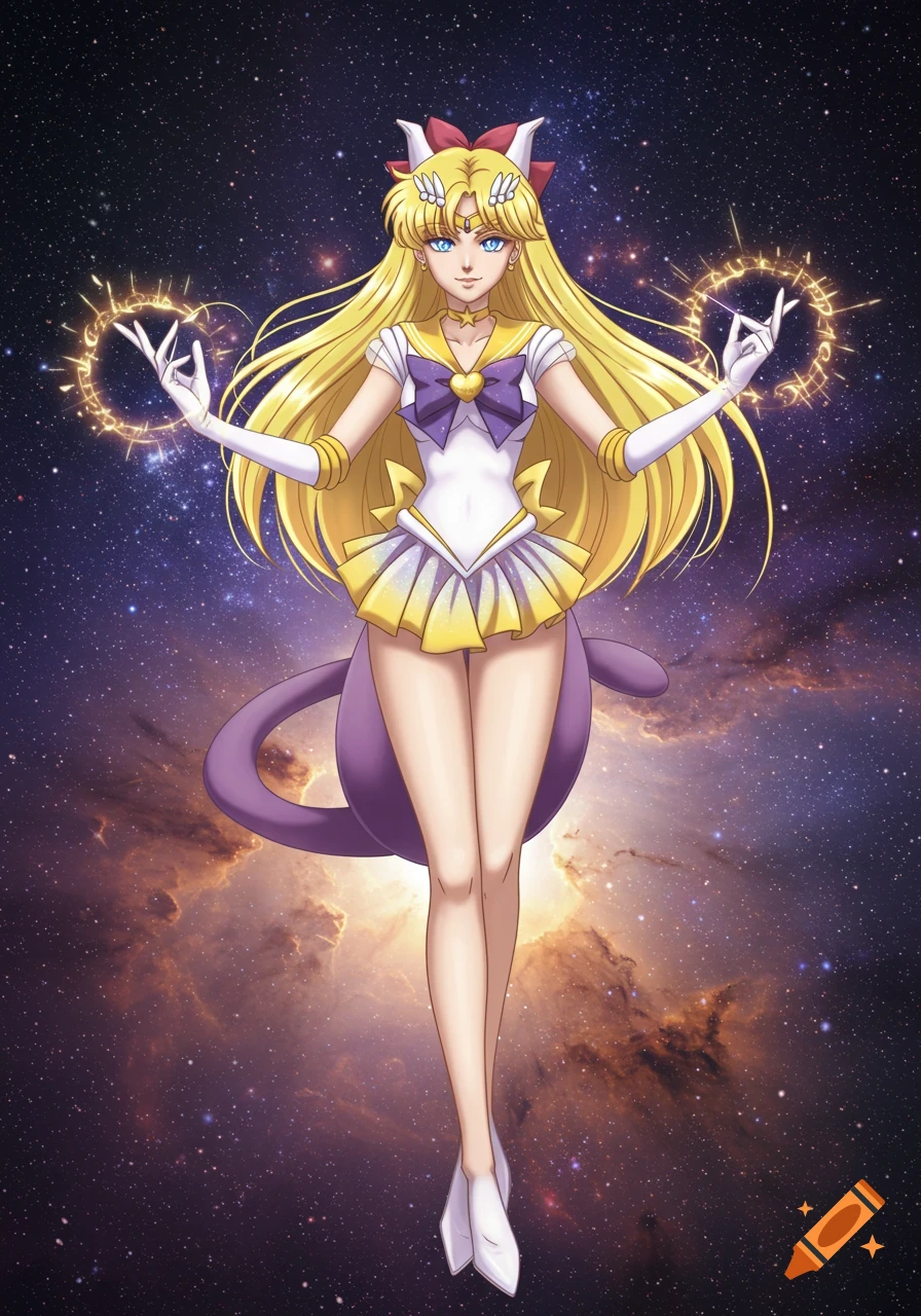 Anime illustration of a blonde-haired character, a fusion of Sailor Venus and Mewtwo, casting glowing spells in a starry galaxy.