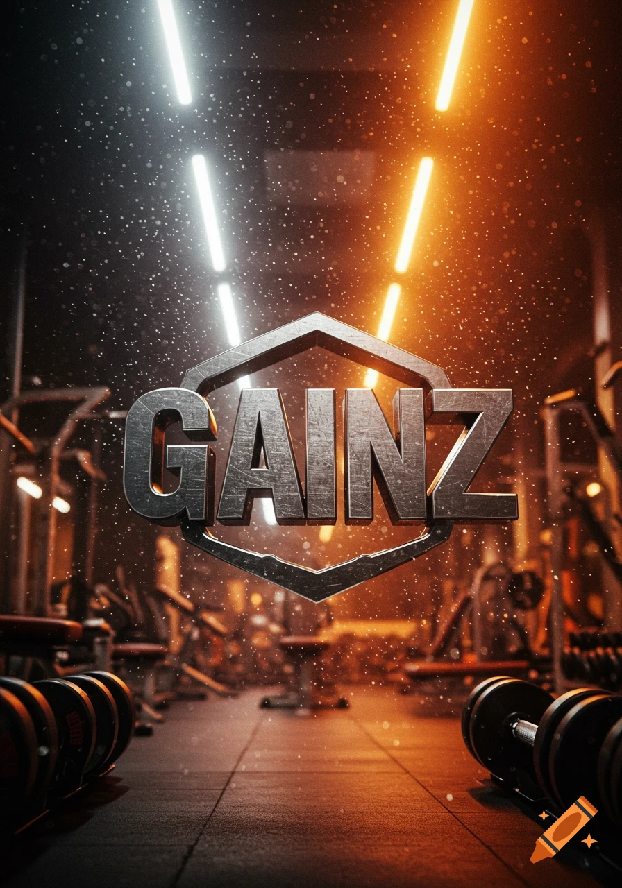 A metallic hexagonal logo with the word 'GAINZ' centered in a dark, atmospheric gym with white and orange lights and dumbbells.