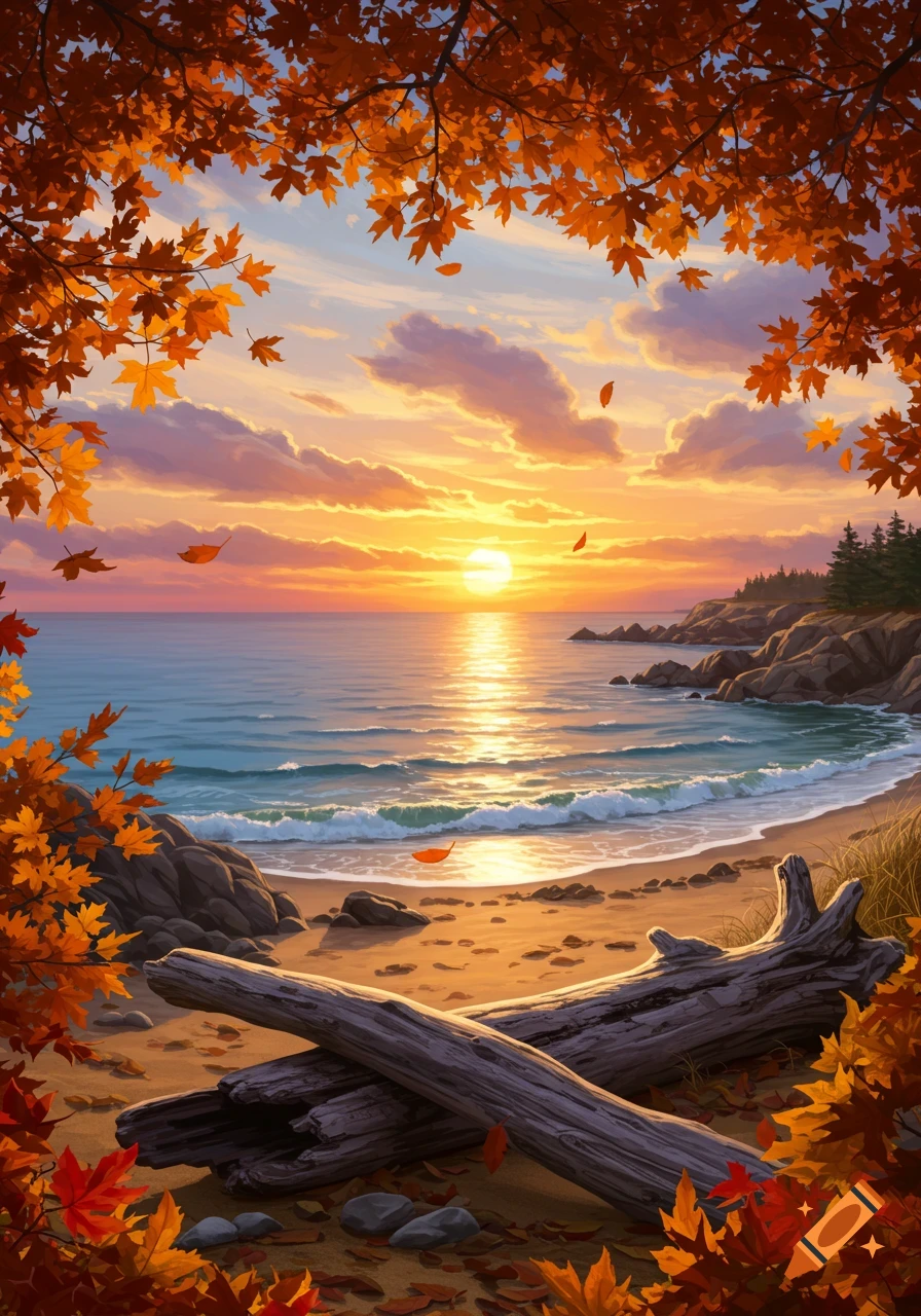 Vibrant autumn leaves frame a colorful sunset over a tranquil ocean beach with driftwood.