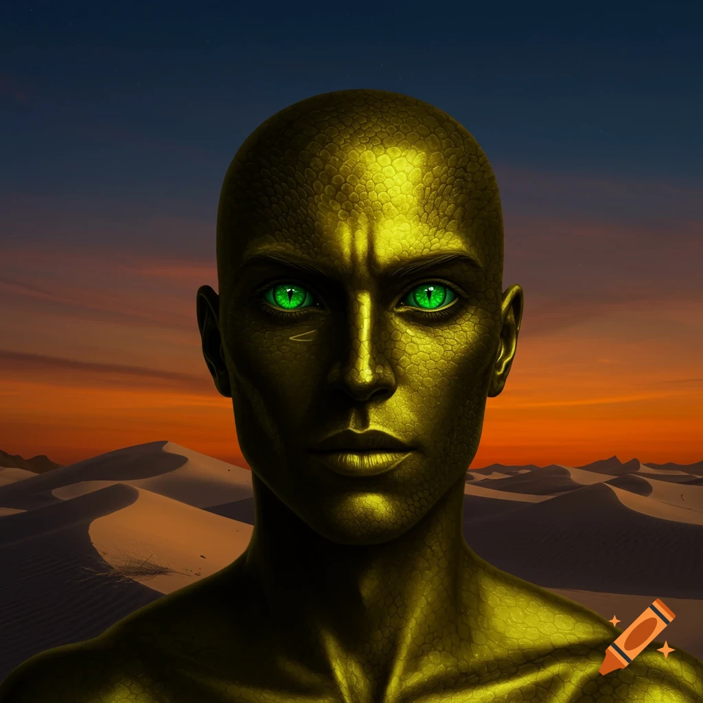 A close-up of a bald, golden-scaled humanoid figure with bright green reptilian eyes, set against a desert sunset.