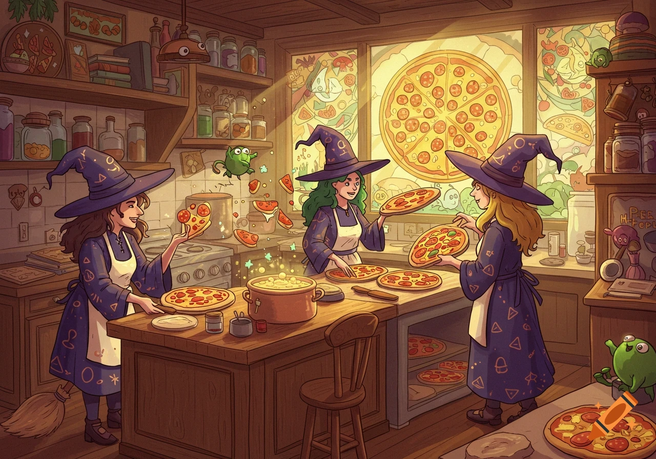 Three cartoony witches in pointy hats prepare pizzas in a whimsical kitchen with magical elements and floating food.