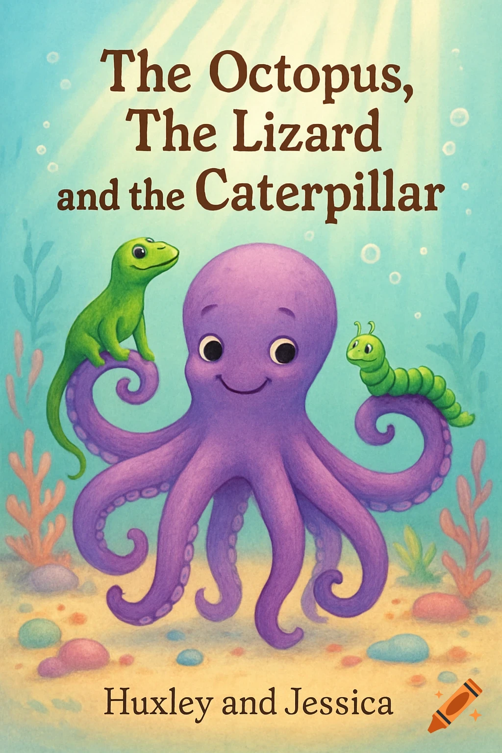 A vibrant children's book cover illustration featuring a smiling purple octopus, a green lizard, and a green caterpillar underwater.