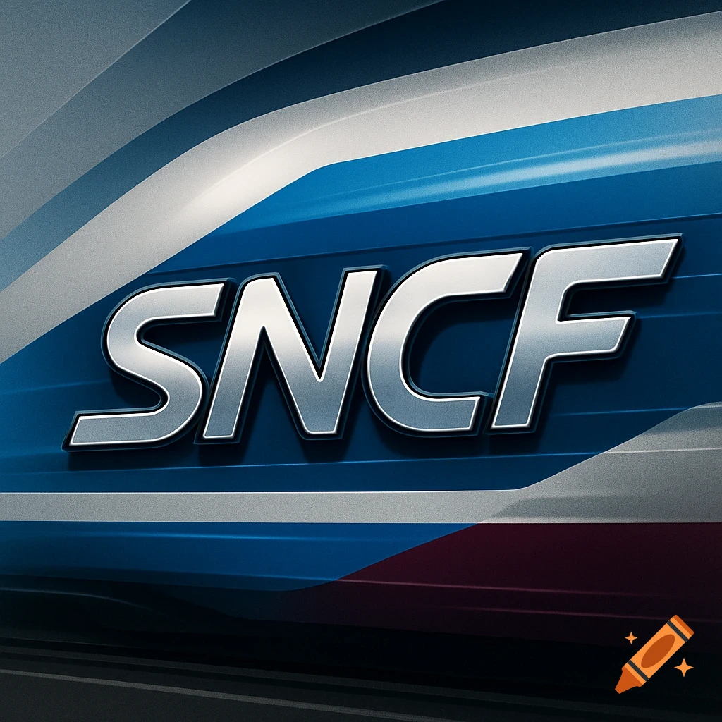 Metallic 'SNCF' logo on the blue, white, and red striped side of a modern train.