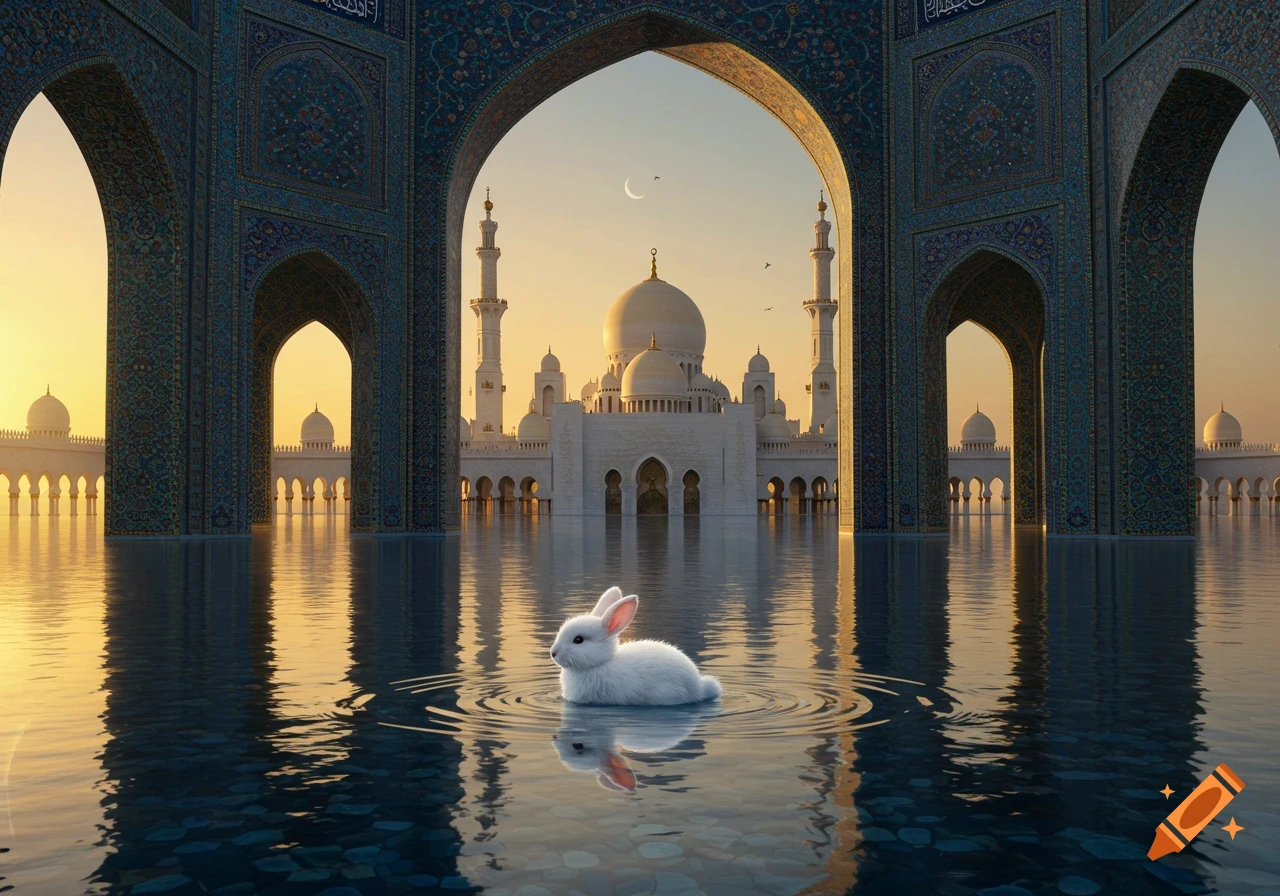 A white rabbit sits in shallow water, creating ripples, with a grand mosque visible through ornate arches at sunrise.